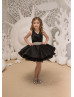 Black Satin Tulle High-low Flower Girl Dress With Beaded Sash